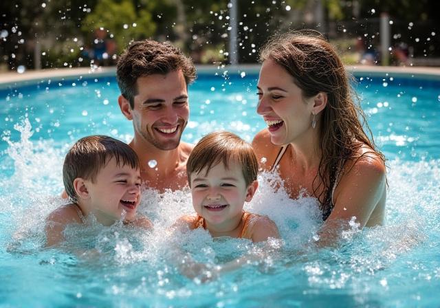 Rodzina bawiąca się w basenie z falami