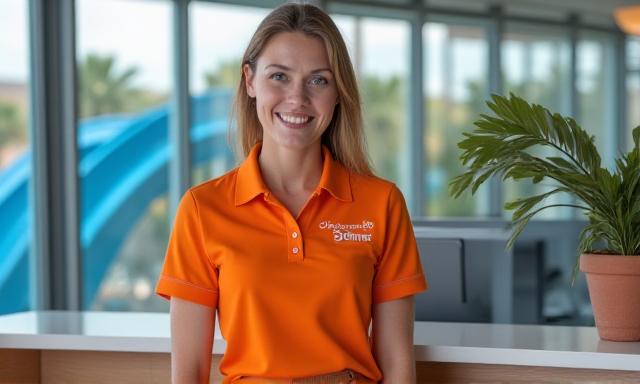 Uśmiechnięty zespół obsługi klienta w recepcji parku wodnego